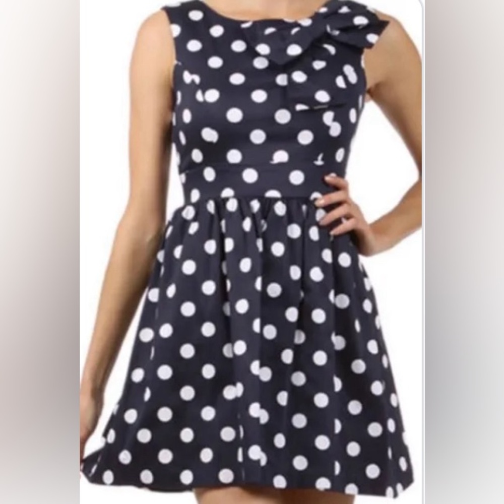Structured Navy Polka Dot Fit & Flare Dress- Bow Detail- Ixia/Modcloth- Size L